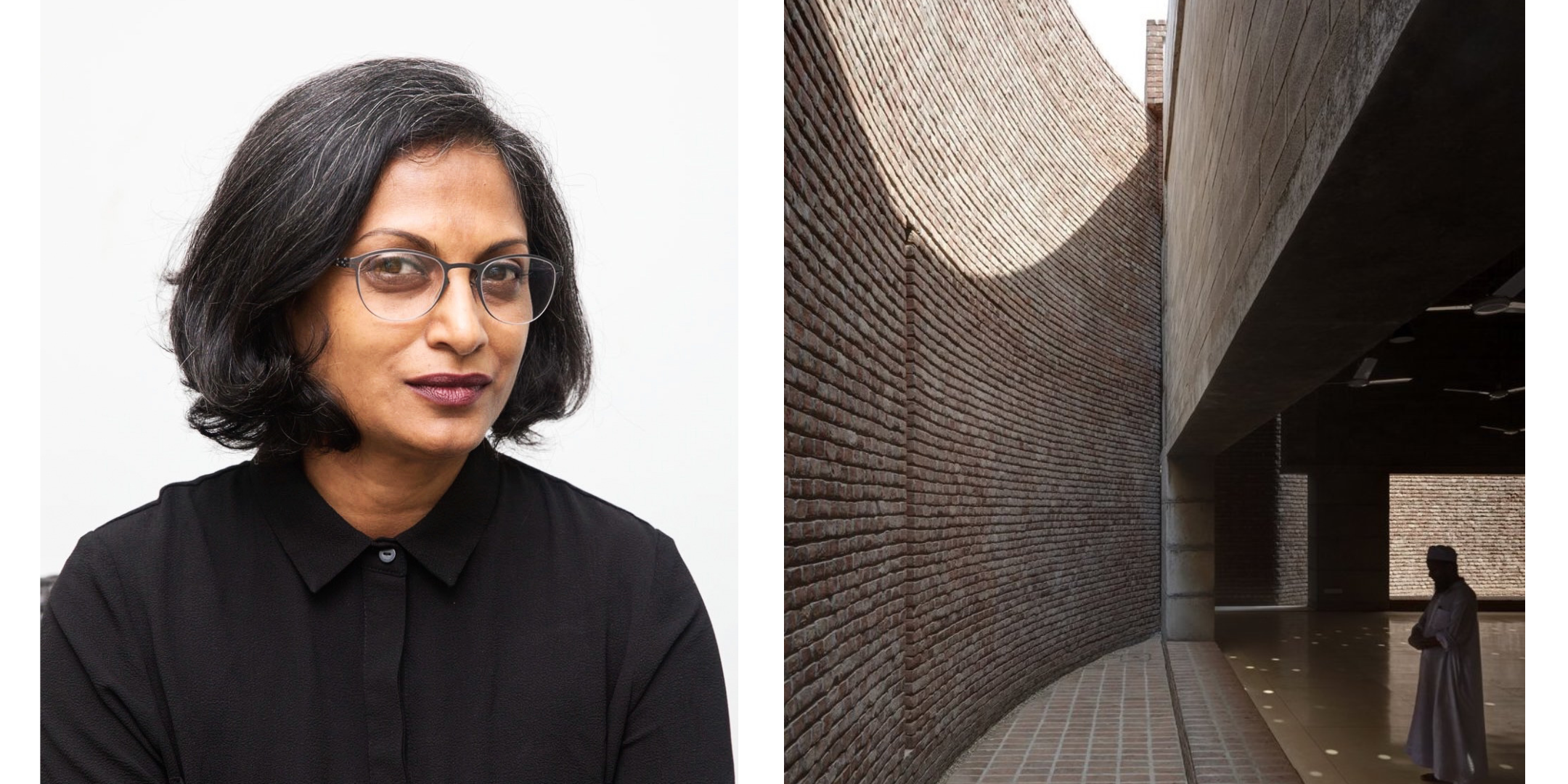 Photo of Marina Tabassum alongside her award-winning Bait Ur Rouf Mosque