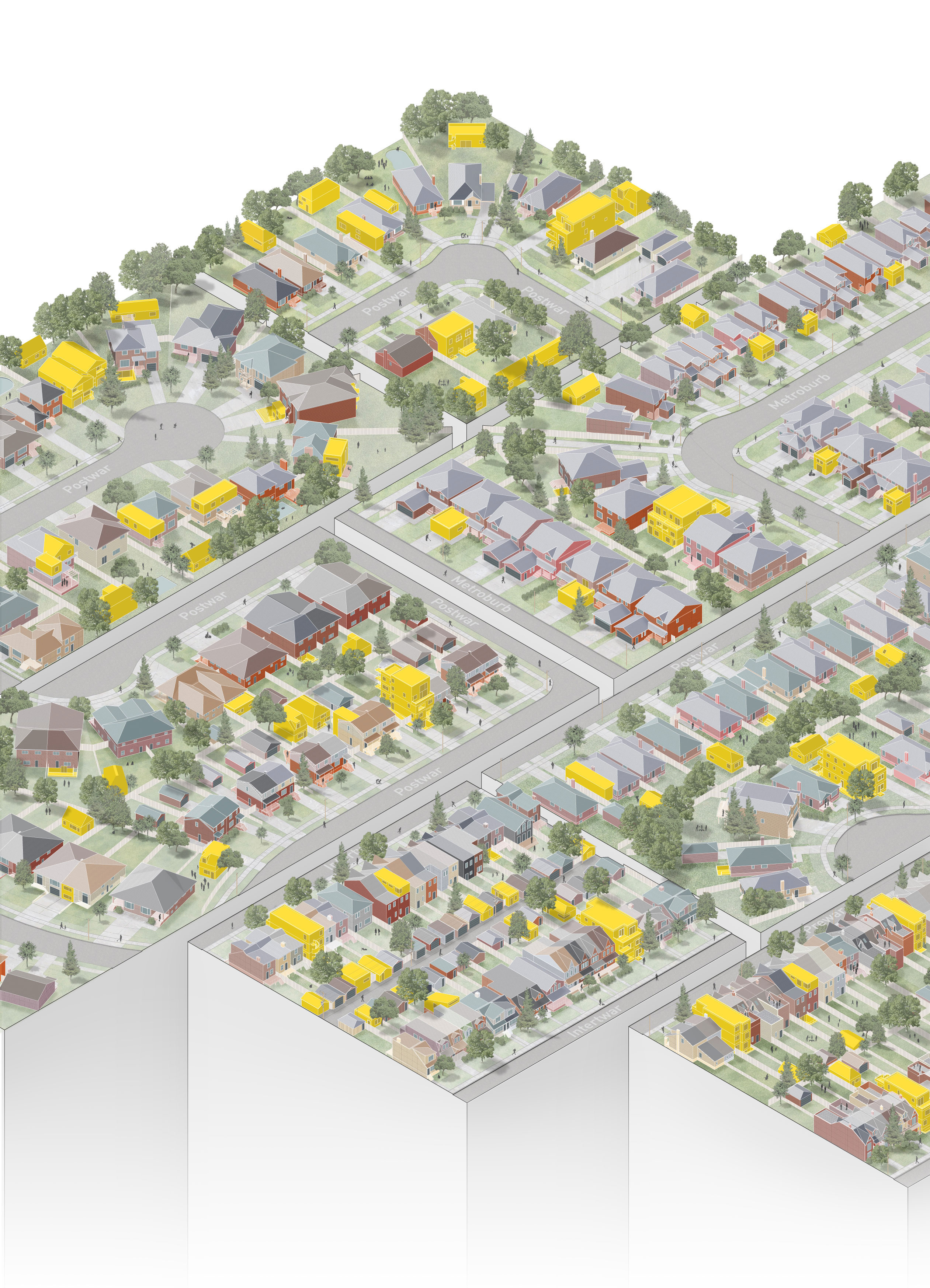 rehousing neighbourhood rendering showing different home styles