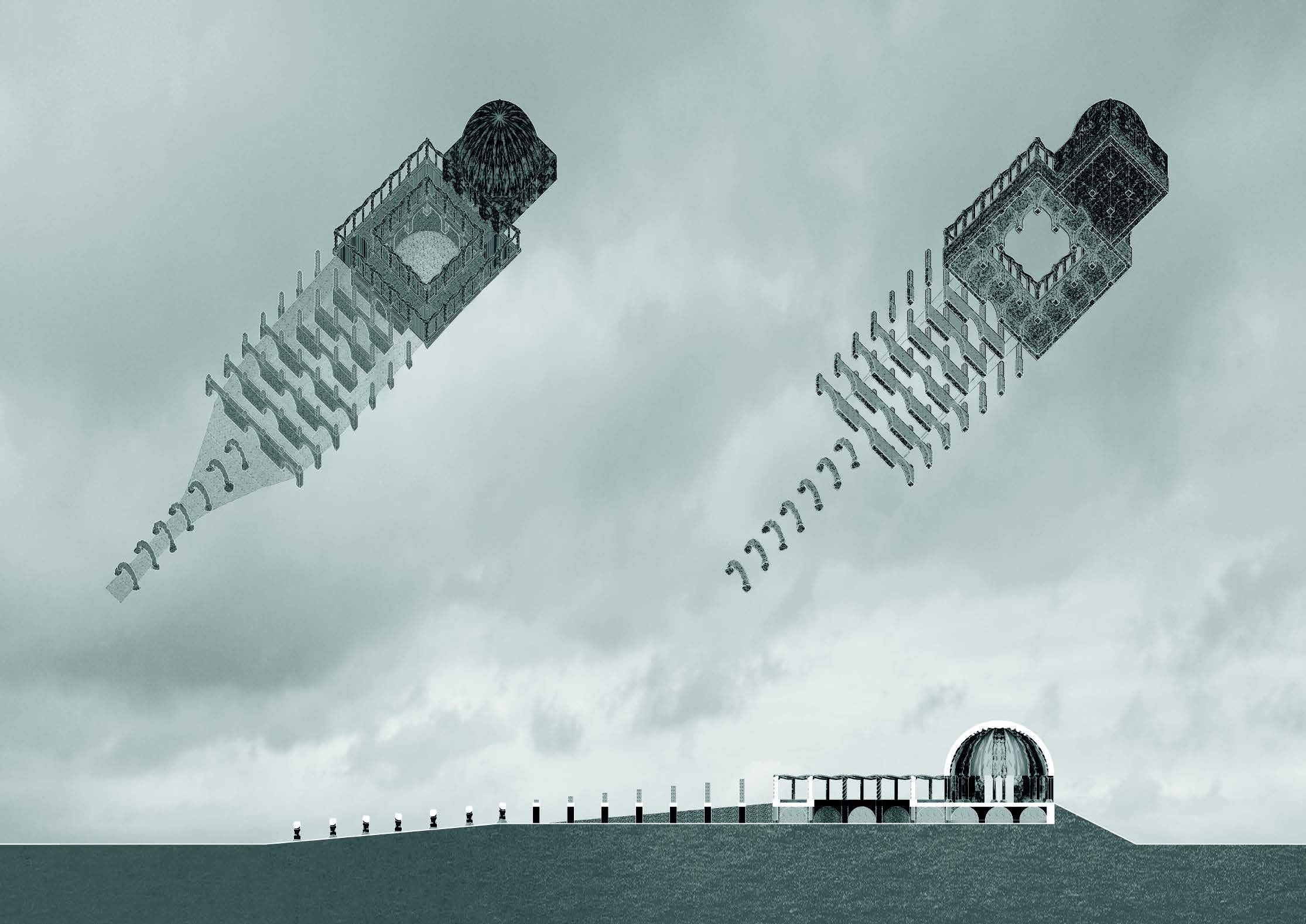 A Birds Eye View and a Worms Eye View with a Longitudinal Section of the Monumental Visitors Centre by Elaine Chau