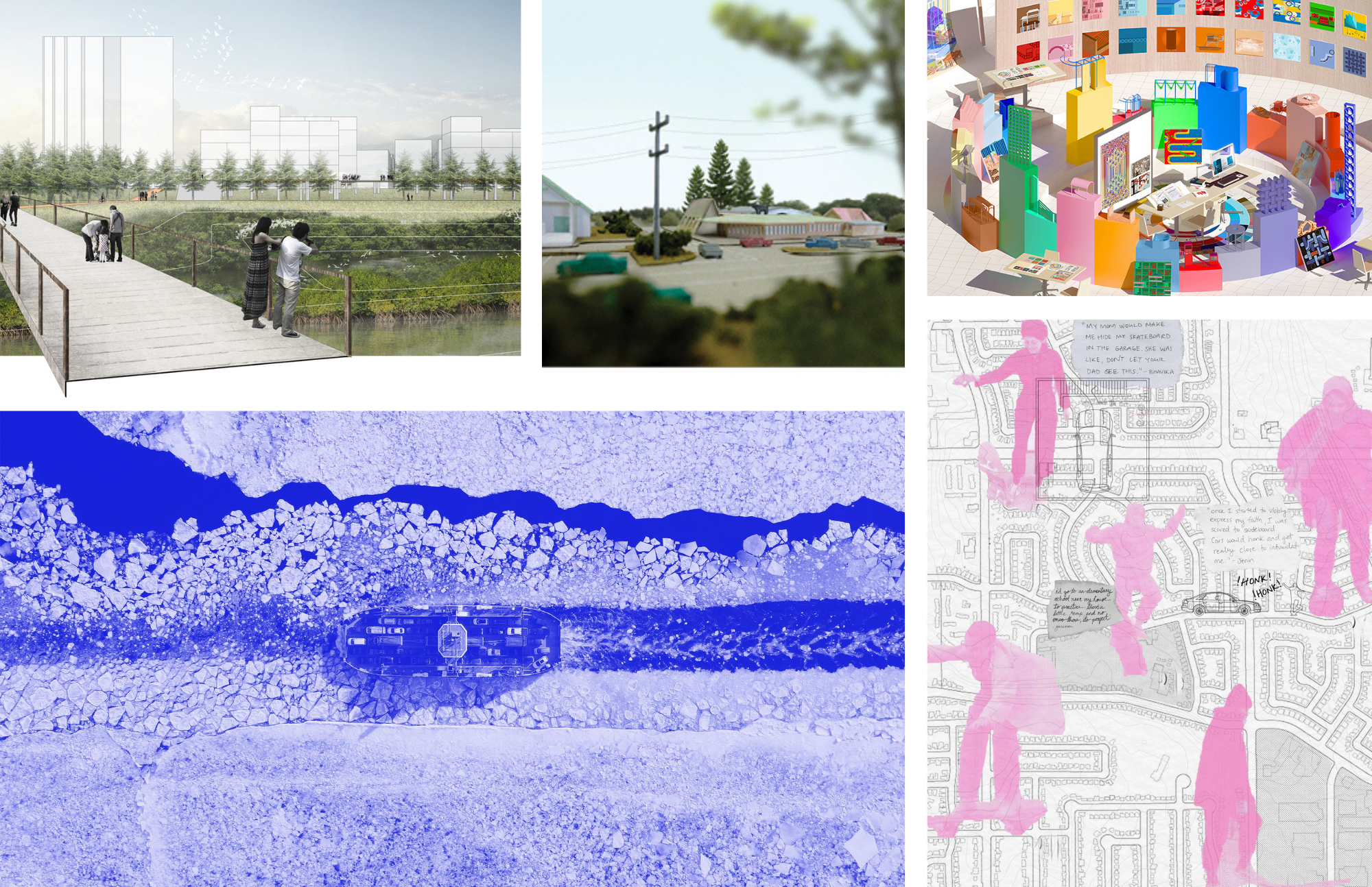 end of year show web banner featuring five images of student work