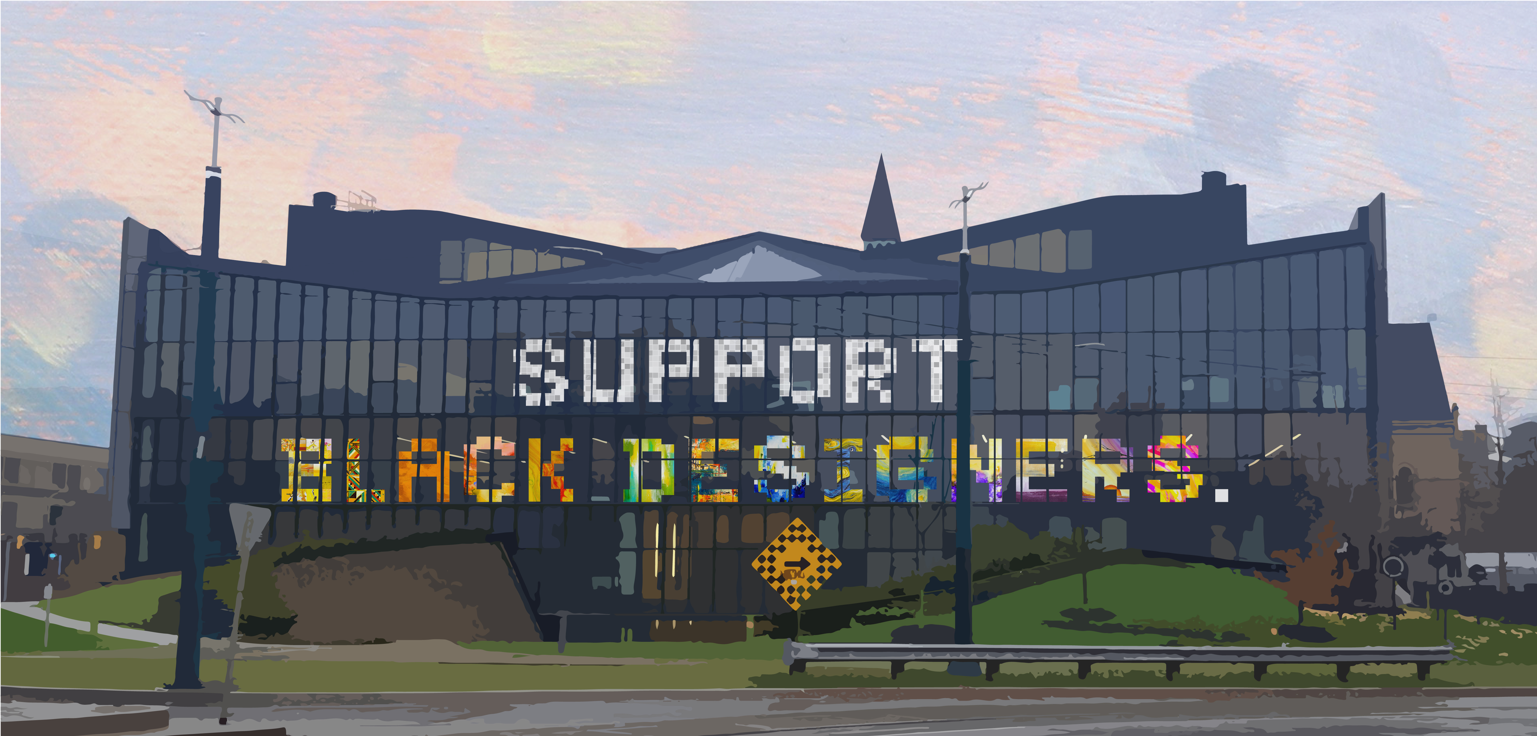 Rendering of a "Support Black Designers" mural on the north facade of the Daniels Building