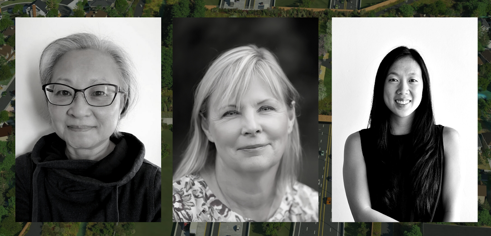 Black and white collage of Doris Chee, Eha Naylor and Shelley Long